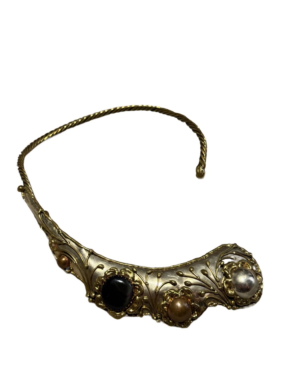 Vintage Metal Choker 80s Mixed Metal Faux Pearl Brutalist Asymmetrical Gold